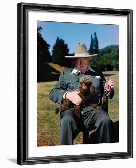 Sir Winston Churchill Wearing Straw Hat while Holding Pet Poodle at Chartwell Manor-Hans Wild-Framed Premium Photographic Print