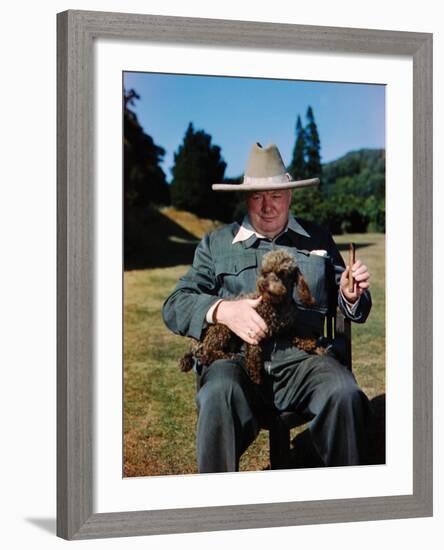 Sir Winston Churchill Wearing Straw Hat while Holding Pet Poodle at Chartwell Manor-Hans Wild-Framed Premium Photographic Print