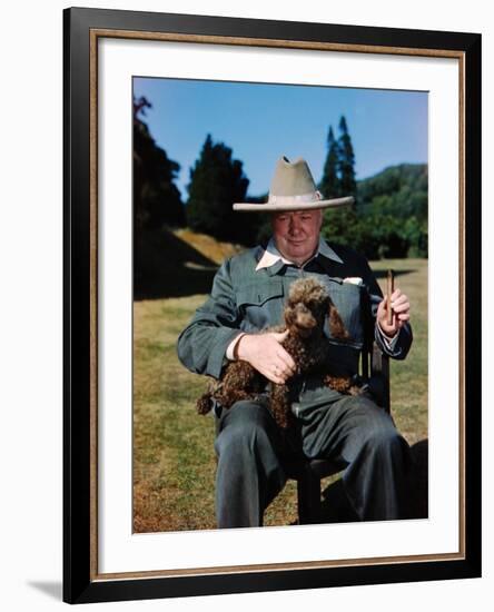 Sir Winston Churchill Wearing Straw Hat while Holding Pet Poodle at Chartwell Manor-Hans Wild-Framed Premium Photographic Print