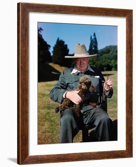 Sir Winston Churchill Wearing Straw Hat while Holding Pet Poodle at Chartwell Manor-Hans Wild-Framed Premium Photographic Print