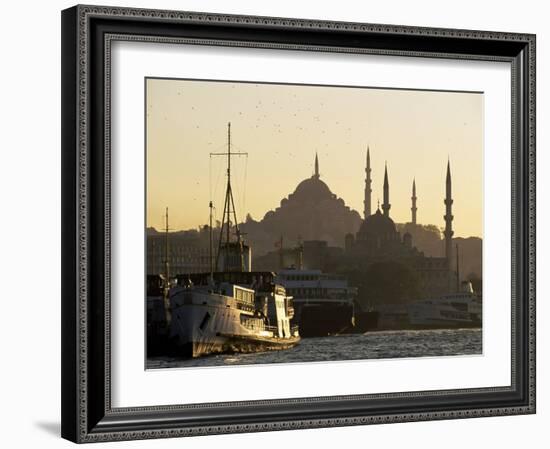 Sirkeci Harbour with Yeni and Sulemaniye Mosques Behind, Istanbul, Turkey, Eurasia-Adam Woolfitt-Framed Photographic Print