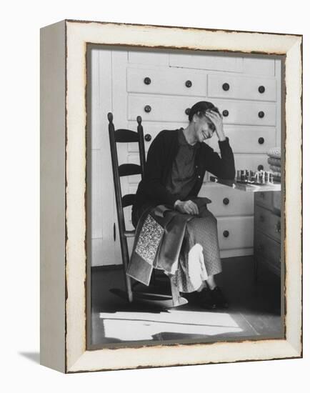 Sister Mildred Laughing with Hand to Head in Sewing Room of Her Small Shaker Community-John Loengard-Framed Premier Image Canvas