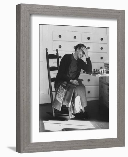 Sister Mildred Laughing with Hand to Head in Sewing Room of Her Small Shaker Community-John Loengard-Framed Photographic Print