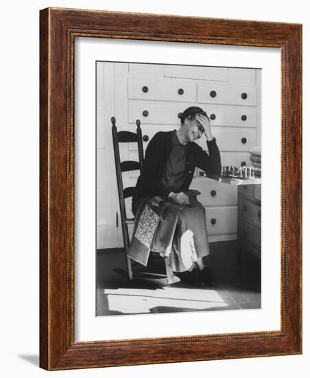 Sister Mildred Laughing with Hand to Head in Sewing Room of Her Small Shaker Community-John Loengard-Framed Photographic Print