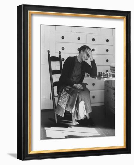 Sister Mildred Laughing with Hand to Head in Sewing Room of Her Small Shaker Community-John Loengard-Framed Photographic Print