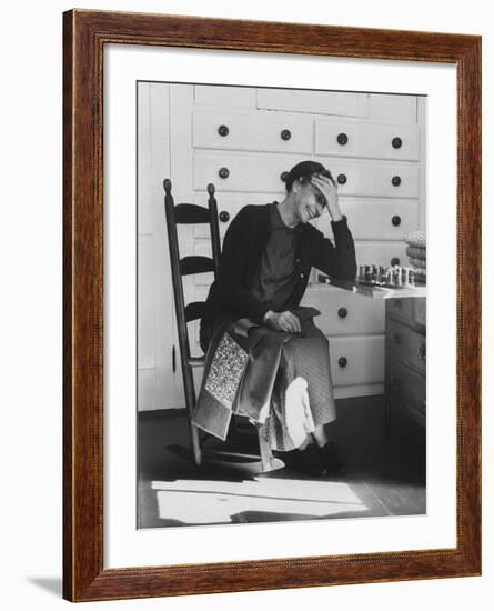 Sister Mildred Laughing with Hand to Head in Sewing Room of Her Small Shaker Community-John Loengard-Framed Photographic Print