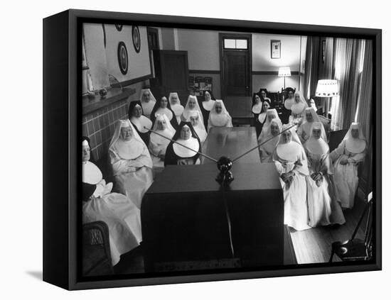 Sisters at St. Vincent's Hospital in Recreation Room Watching Program from New Local TV Station-Ralph Morse-Framed Premier Image Canvas