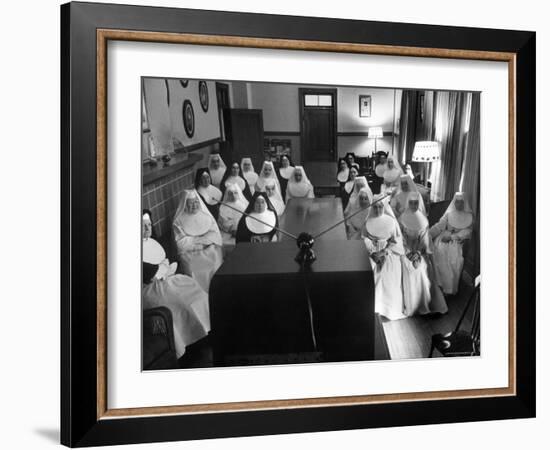 Sisters at St. Vincent's Hospital in Recreation Room Watching Program from New Local TV Station-Ralph Morse-Framed Photographic Print