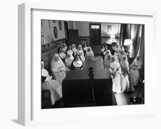 Sisters at St. Vincent's Hospital in Recreation Room Watching Program from New Local TV Station-Ralph Morse-Framed Photographic Print