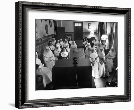 Sisters at St. Vincent's Hospital in Recreation Room Watching Program from New Local TV Station-Ralph Morse-Framed Photographic Print