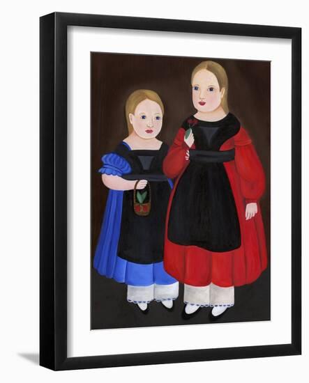 Sisters in Black Aprons with Basket of Cherries-Cheryl Bartley-Framed Giclee Print