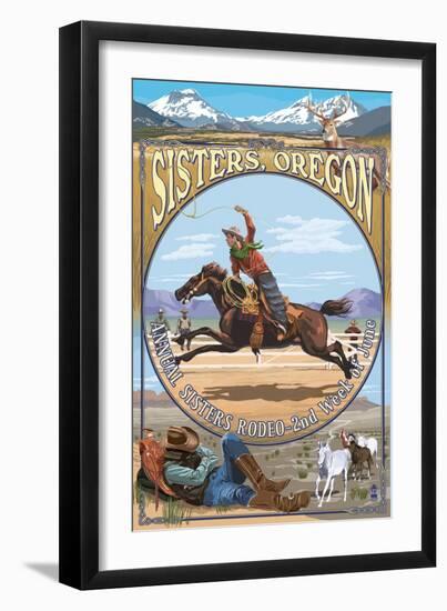 Sisters, Oregon - Cowboy Montage-Lantern Press-Framed Art Print