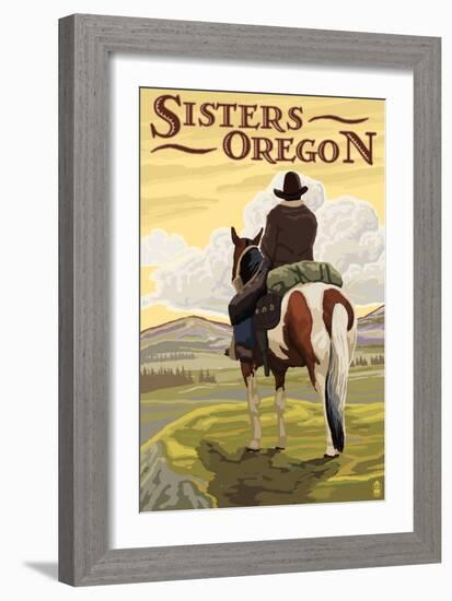 Sisters, Oregon - Cowboy on Horseback-Lantern Press-Framed Art Print