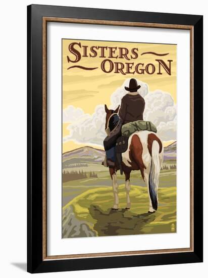 Sisters, Oregon - Cowboy on Horseback-Lantern Press-Framed Art Print