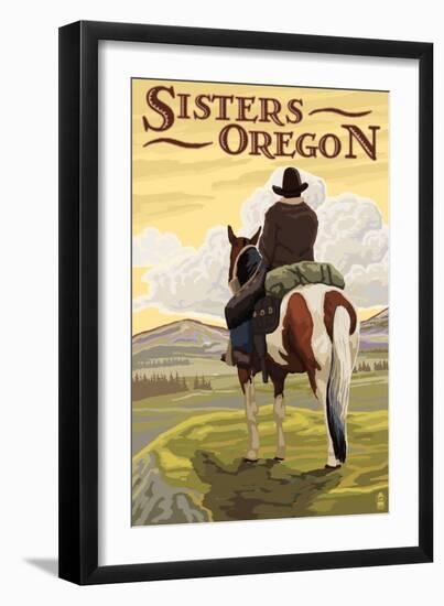 Sisters, Oregon - Cowboy on Horseback-Lantern Press-Framed Art Print