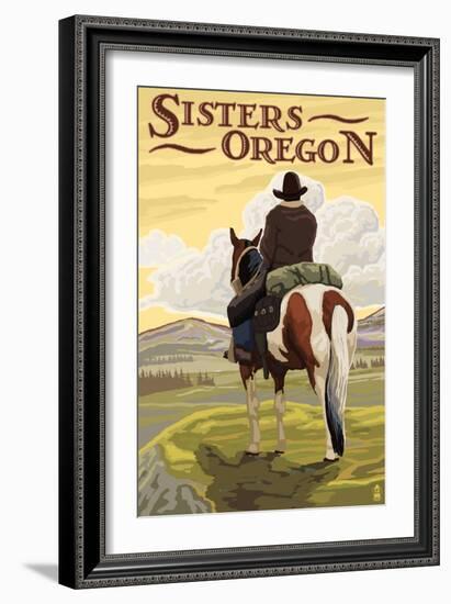 Sisters, Oregon - Cowboy on Horseback-Lantern Press-Framed Art Print