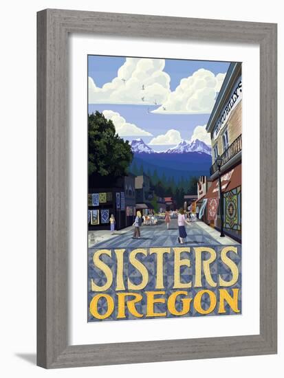 Sisters, Oregon - Town Scene and Mountains Quilt Design-Lantern Press-Framed Art Print