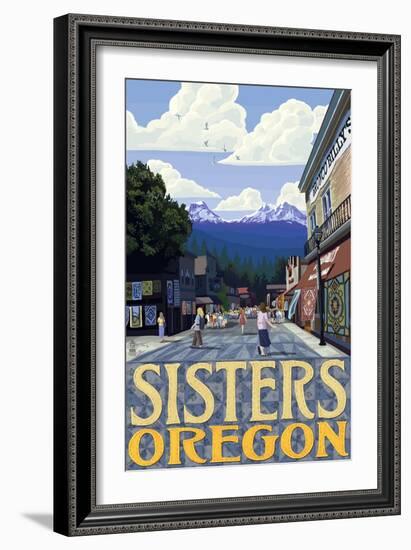 Sisters, Oregon - Town Scene and Mountains Quilt Design-Lantern Press-Framed Art Print