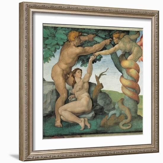 Sistine Chapel, Adam and Eve, Satan, Tree of Life-Michelangelo Buonarroti-Framed Art Print