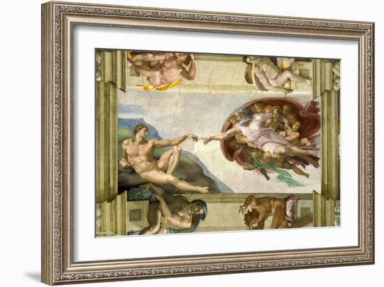 Sistine Chapel Ceiling (1508-12): Creation of Adam, 1510 (post-restoration)-Michelangelo Buonarroti-Framed Giclee Print