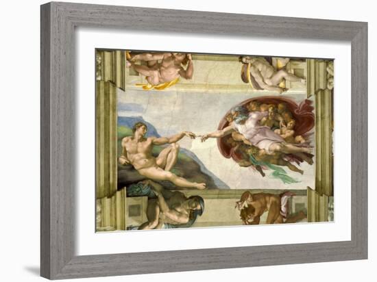 Sistine Chapel Ceiling (1508-12): Creation of Adam, 1510 (post-restoration)-Michelangelo Buonarroti-Framed Giclee Print