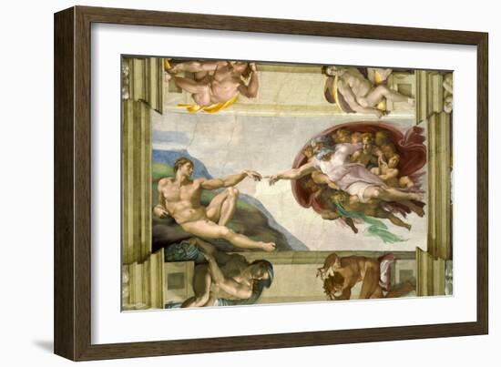 Sistine Chapel Ceiling (1508-12): Creation of Adam, 1510 (post-restoration)-Michelangelo Buonarroti-Framed Giclee Print