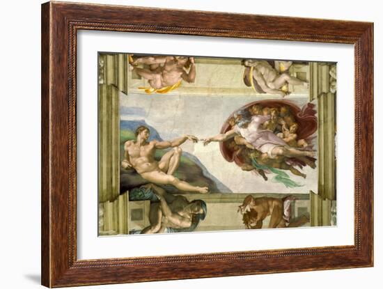 Sistine Chapel Ceiling (1508-12): Creation of Adam, 1510 (post-restoration)-Michelangelo Buonarroti-Framed Giclee Print