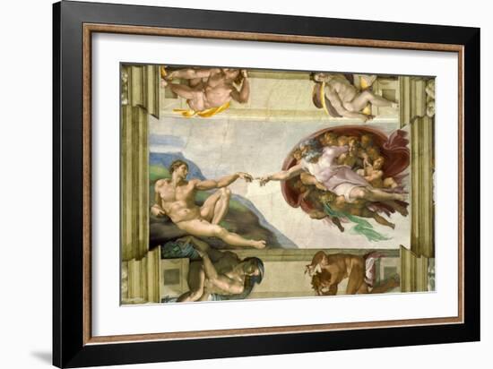 Sistine Chapel Ceiling (1508-12): Creation of Adam, 1510 (post-restoration)-Michelangelo Buonarroti-Framed Giclee Print