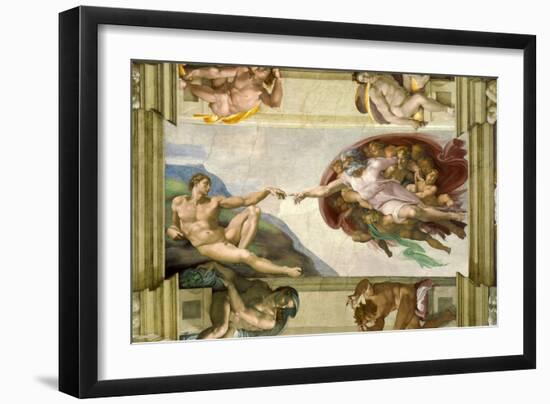 Sistine Chapel Ceiling (1508-12): Creation of Adam, 1510 (post-restoration)-Michelangelo Buonarroti-Framed Giclee Print