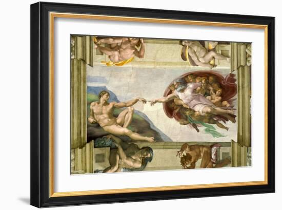 Sistine Chapel Ceiling (1508-12): Creation of Adam, 1510 (post-restoration)-Michelangelo Buonarroti-Framed Giclee Print