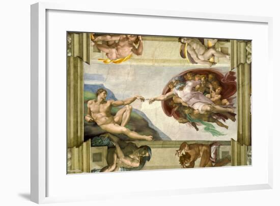 Sistine Chapel Ceiling (1508-12): Creation of Adam, 1510 (post-restoration)-Michelangelo Buonarroti-Framed Giclee Print