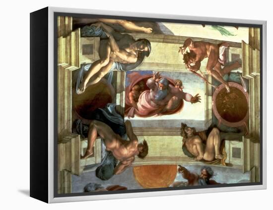 Sistine Chapel Ceiling: God Separating the Land from the Sea, with Four Ignudi, 1510-Michelangelo Buonarroti-Framed Premier Image Canvas