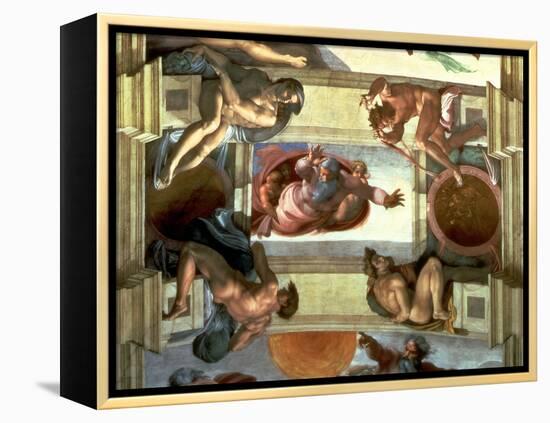 Sistine Chapel Ceiling: God Separating the Land from the Sea, with Four Ignudi, 1510-Michelangelo Buonarroti-Framed Premier Image Canvas