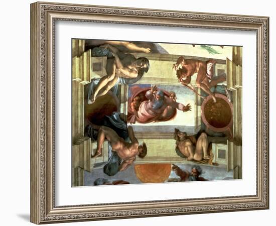 Sistine Chapel Ceiling: God Separating the Land from the Sea, with Four Ignudi, 1510-Michelangelo Buonarroti-Framed Giclee Print