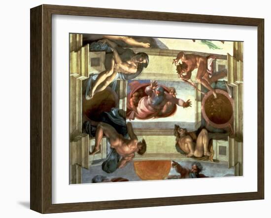 Sistine Chapel Ceiling: God Separating the Land from the Sea, with Four Ignudi, 1510-Michelangelo Buonarroti-Framed Giclee Print