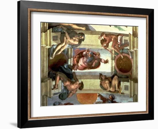 Sistine Chapel Ceiling: God Separating the Land from the Sea, with Four Ignudi, 1510-Michelangelo Buonarroti-Framed Giclee Print