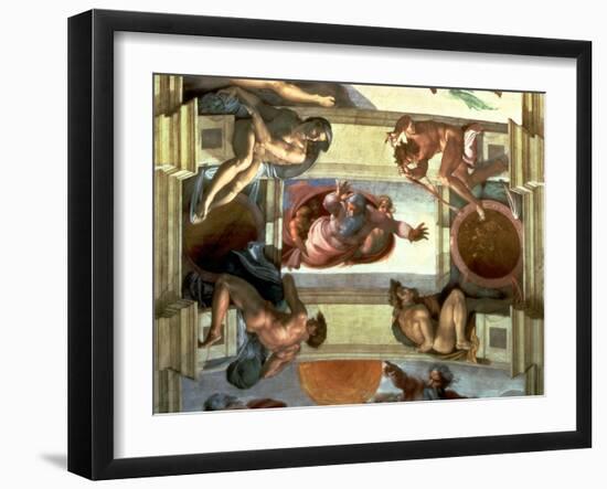 Sistine Chapel Ceiling: God Separating the Land from the Sea, with Four Ignudi, 1510-Michelangelo Buonarroti-Framed Giclee Print