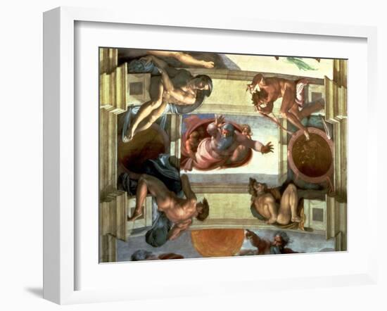 Sistine Chapel Ceiling: God Separating the Land from the Sea, with Four Ignudi, 1510-Michelangelo Buonarroti-Framed Giclee Print