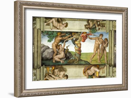 Sistine Chapel Ceiling: The Fall of Man & Expulsion from the Garden of Eden, with 4 Ignudi, 1510-Michelangelo Buonarroti-Framed Giclee Print