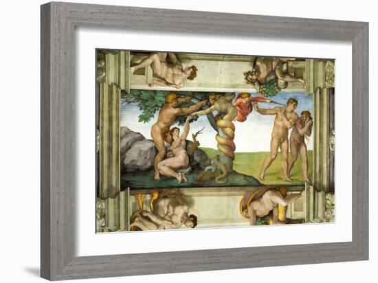 Sistine Chapel Ceiling: The Fall of Man & Expulsion from the Garden of Eden, with 4 Ignudi, 1510-Michelangelo Buonarroti-Framed Giclee Print