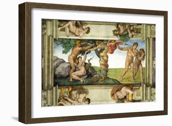 Sistine Chapel Ceiling: The Fall of Man & Expulsion from the Garden of Eden, with 4 Ignudi, 1510-Michelangelo Buonarroti-Framed Giclee Print