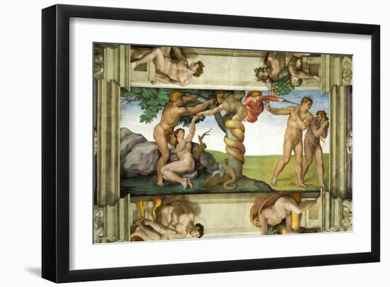 Sistine Chapel Ceiling: The Fall of Man & Expulsion from the Garden of Eden, with 4 Ignudi, 1510-Michelangelo Buonarroti-Framed Giclee Print