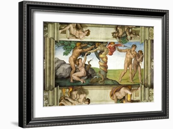 Sistine Chapel Ceiling: The Fall of Man & Expulsion from the Garden of Eden, with 4 Ignudi, 1510-Michelangelo Buonarroti-Framed Giclee Print