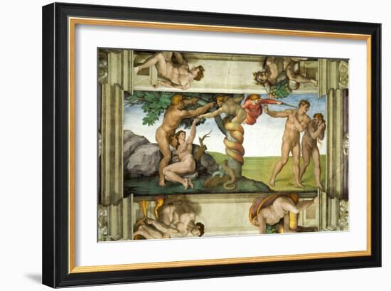 Sistine Chapel Ceiling: The Fall of Man & Expulsion from the Garden of Eden, with 4 Ignudi, 1510-Michelangelo Buonarroti-Framed Giclee Print