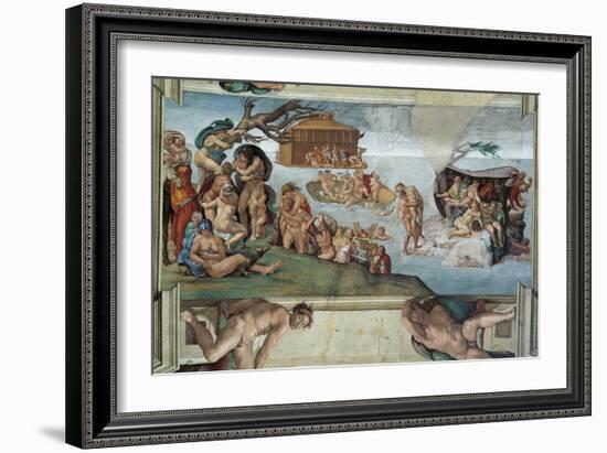 Sistine Chapel Ceiling, the Flood and Noah's Ark-Michelangelo Buonarroti-Framed Art Print