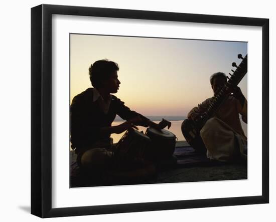 Sitar and Tabla Player Beside the Ganga River, Varanasi, Uttar Pradesh State, India-John Henry Claude Wilson-Framed Photographic Print
