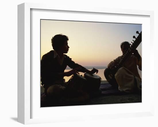 Sitar and Tabla Player Beside the Ganga River, Varanasi, Uttar Pradesh State, India-John Henry Claude Wilson-Framed Photographic Print