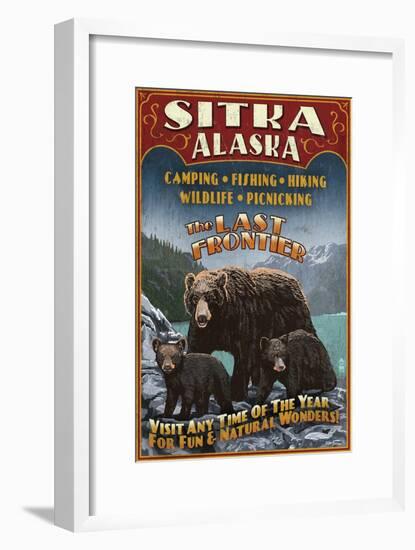 Sitka, Alaska - Black Bear Family Vintage Sign-Lantern Press-Framed Art Print