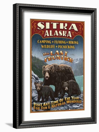 Sitka, Alaska - Black Bear Family Vintage Sign-Lantern Press-Framed Art Print