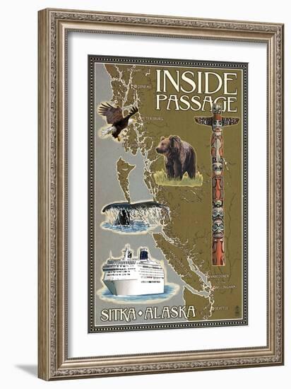 Sitka, Alaska - Inside Passage Map-Lantern Press-Framed Art Print